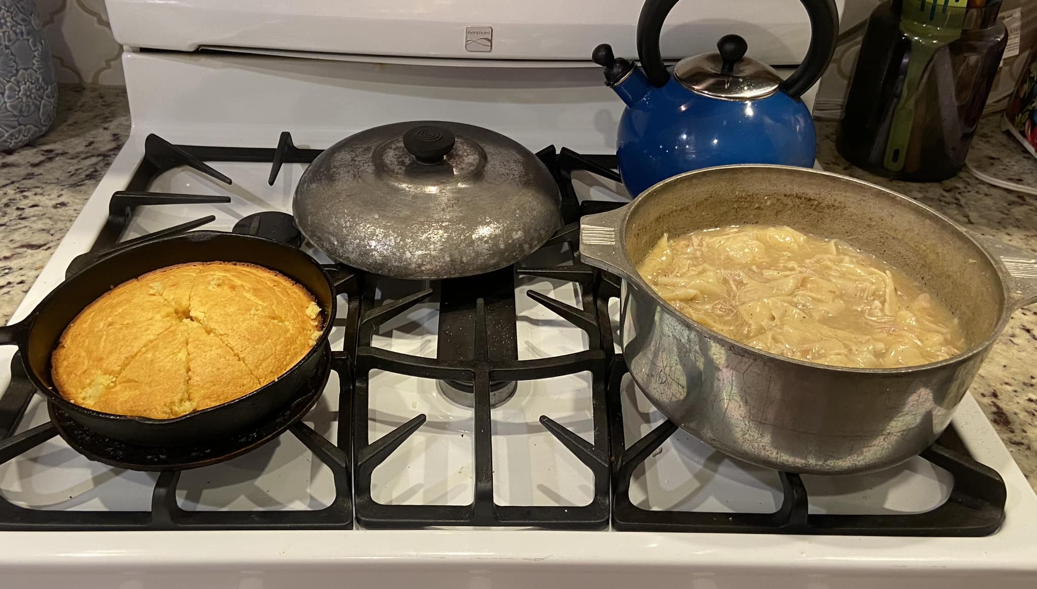 homemade chicken and dumplings and cornbread