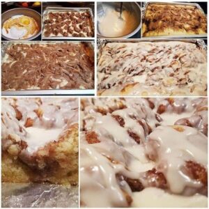 gooey slice of easy cinnamon roll cake with vanilla glaze dripping