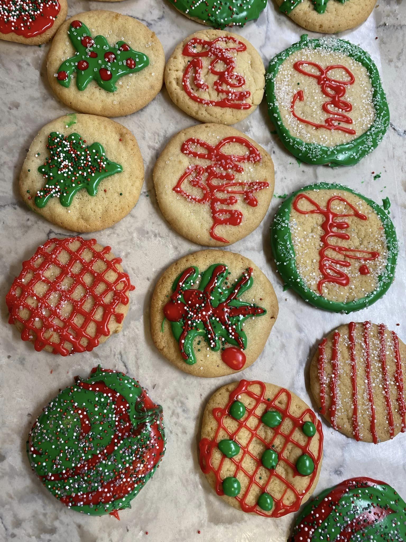 Classic Christmas sugar cookies decorated with red and green icing