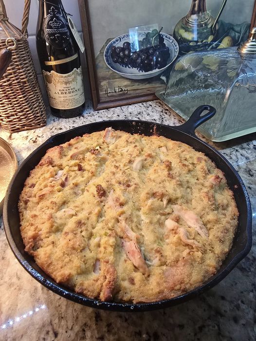 Cornbread Dressing in Cast Iron Skillet