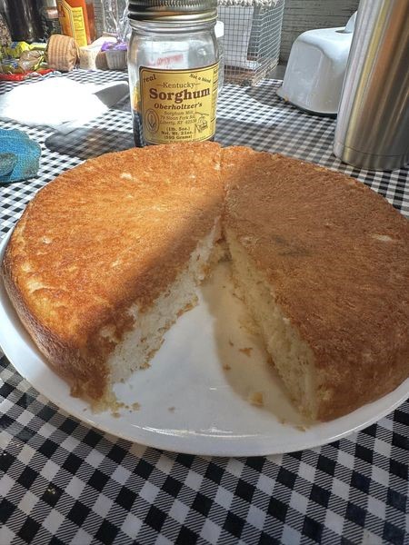 Golden skillet biscuit bread (pone bread) sliced and served with sorghum syrup on a checked tablecloth – easy biscuit bread recipe