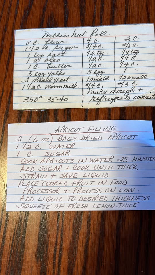 Handwritten recipe cards for apricot rolls with dough and homemade apricot filling instructions