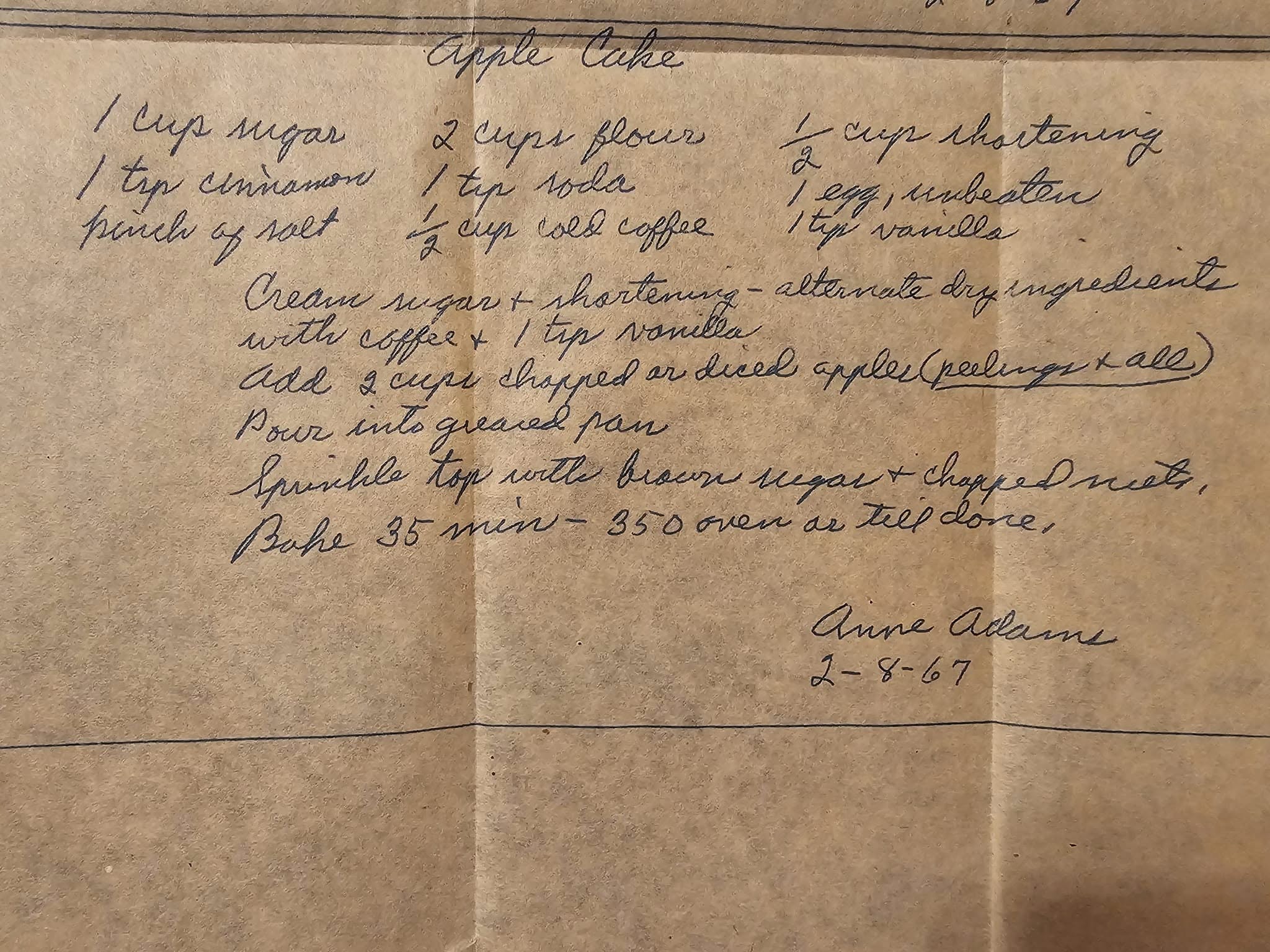 Vintage recipe box find: Apple Cake recipe handwritten on onion skin paper by Anne Adams, dated 1967