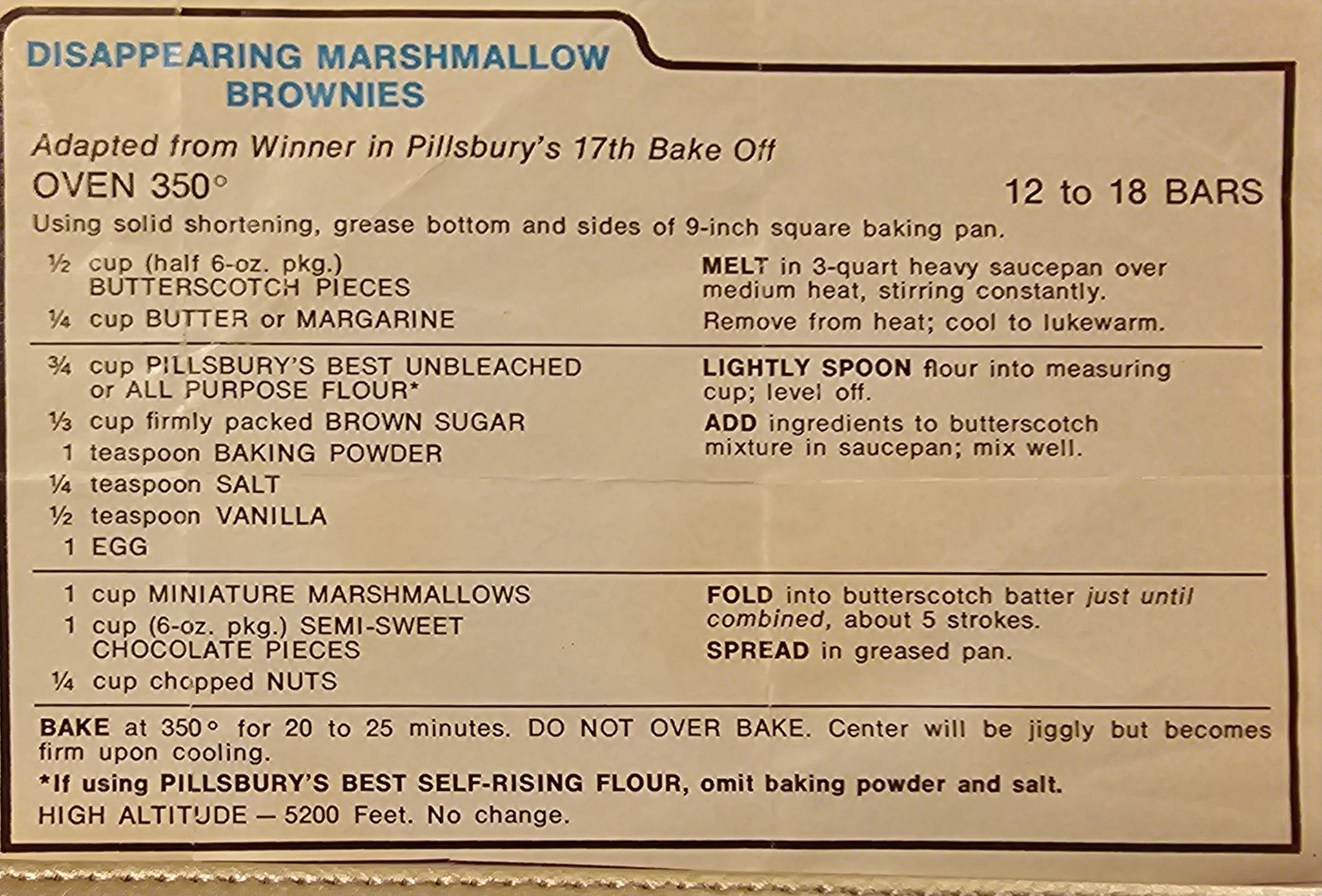 Vintage recipe box find: Disappearing Marshmallow Brownies recipe from Pillsbury’s 17th Bake-Off, 1966.