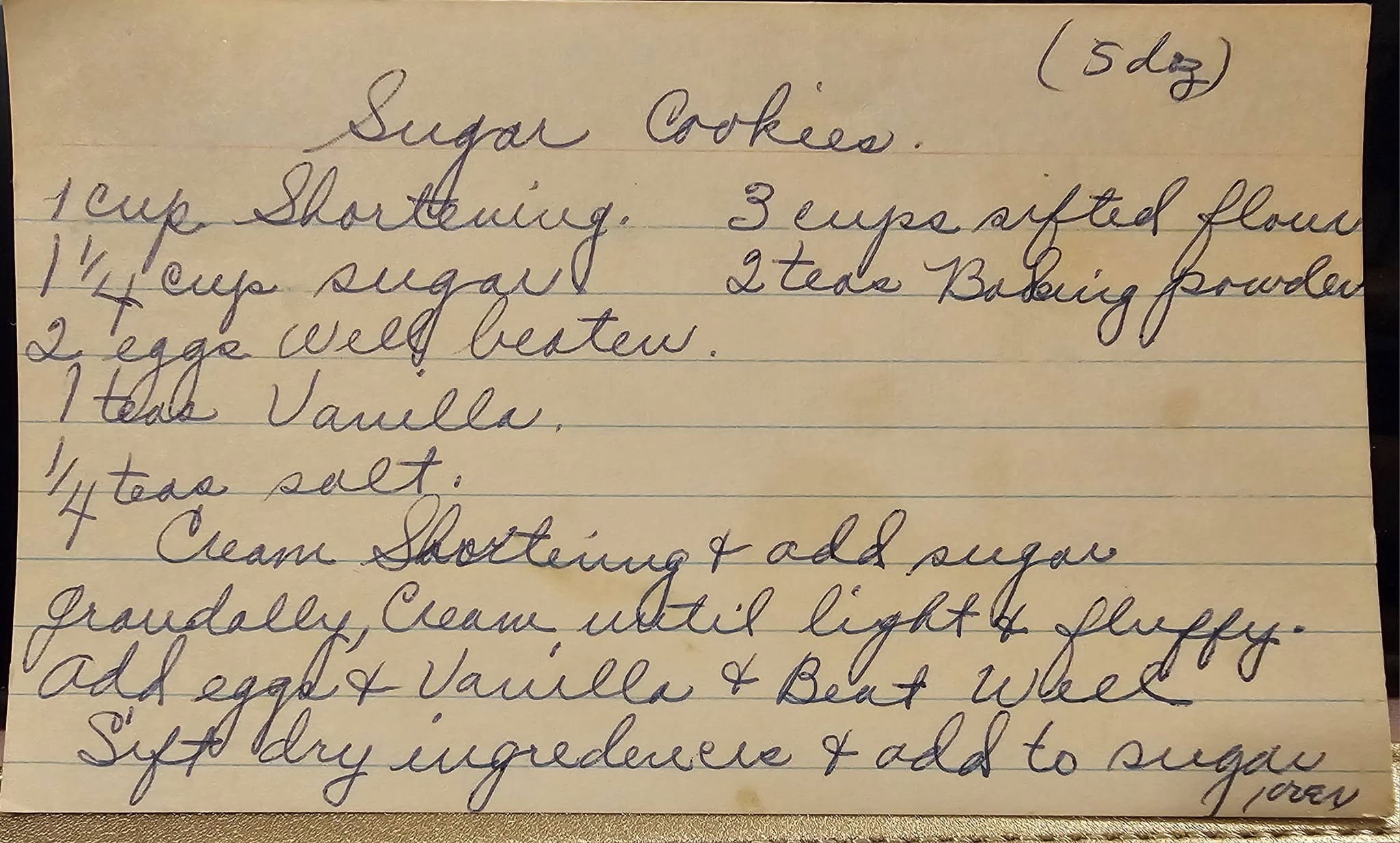 Vintage recipe box find: Frozen Fruit Salad recipe handwritten on onion skin paper by Anne Adams, 1967."