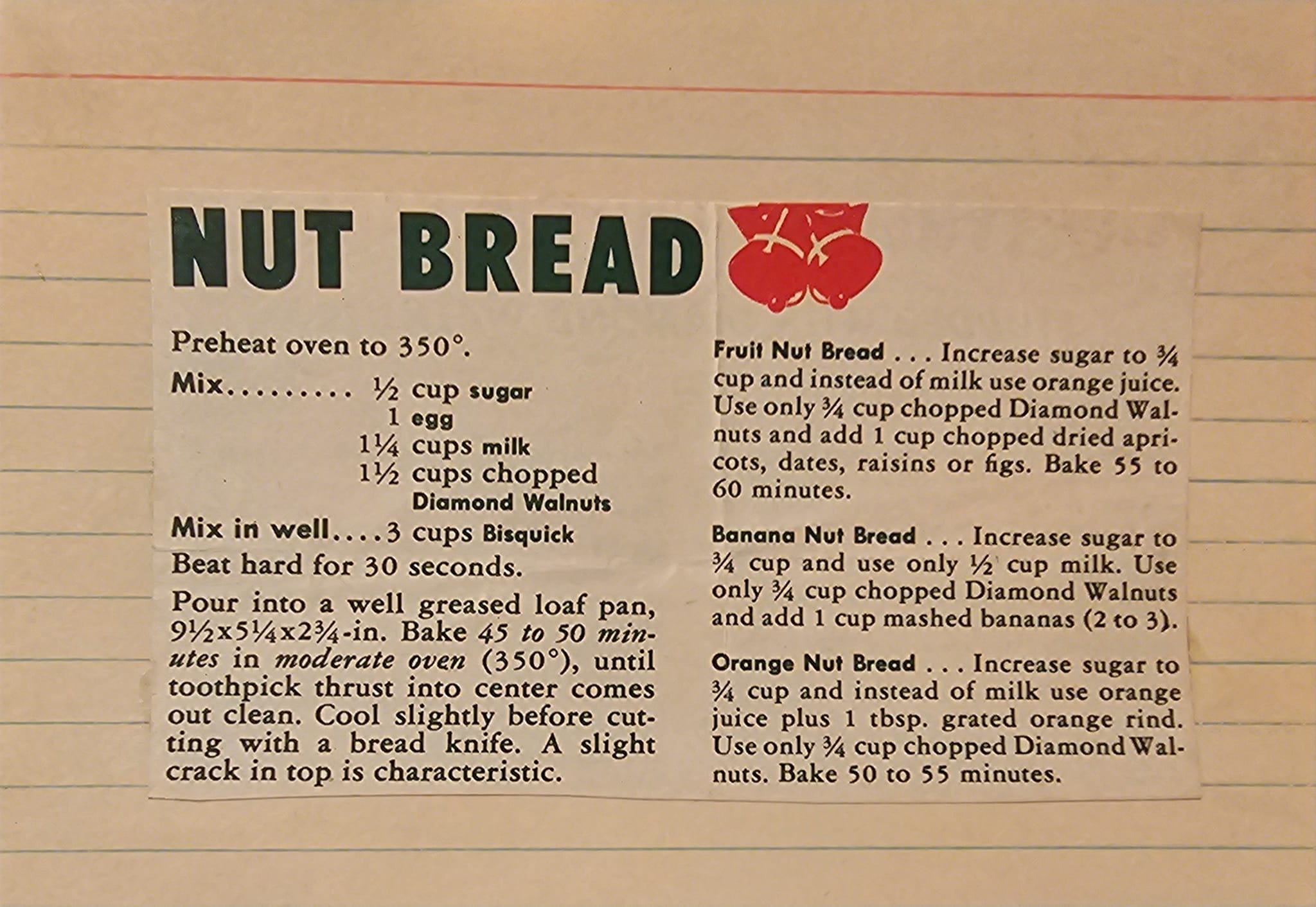 Vintage recipe box find: Jiffy Orange-Nut Bread recipe featuring fresh orange rind and juice.