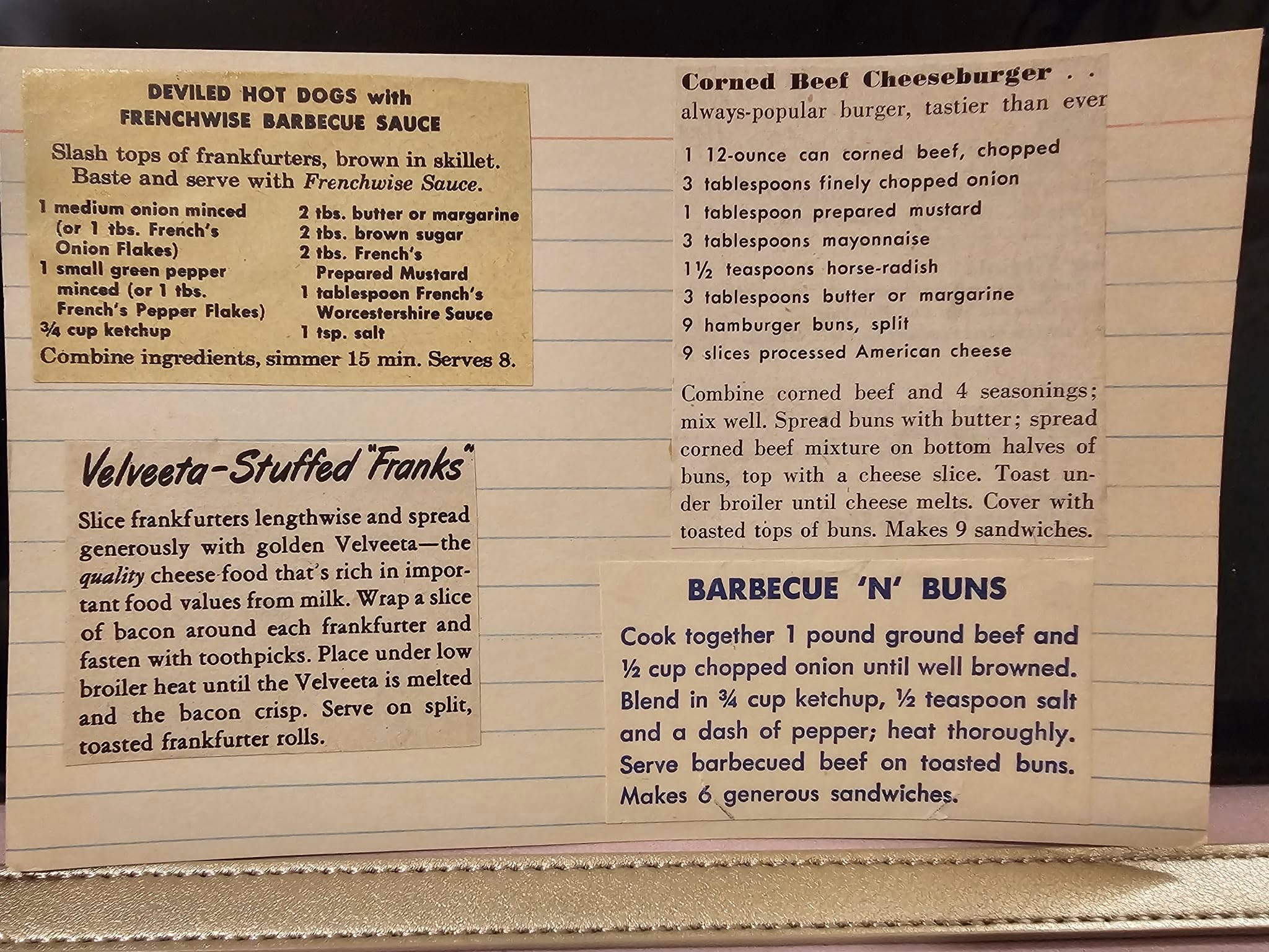 Vintage recipe box find: Retro meal recipes including Deviled Hot Dogs, Velveeta-Stuffed Franks, and Corned Beef Cheeseburgers.