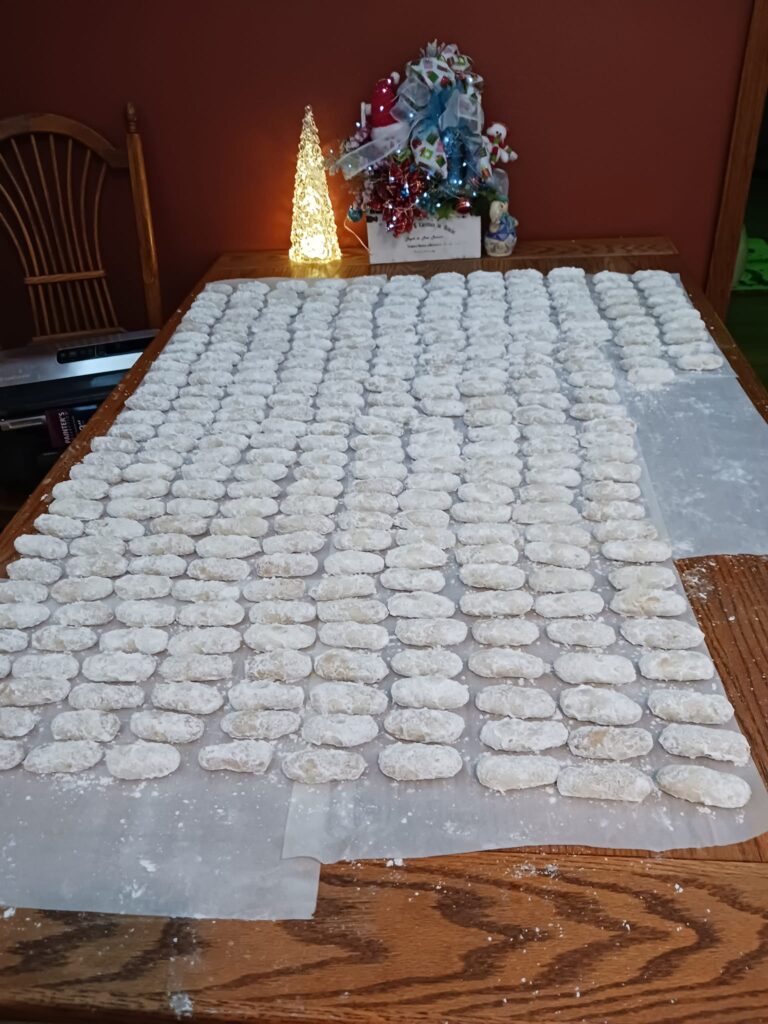 Hundreds of pecan finger cookies dusted with powdered sugar, arranged neatly on parchment paper for Christmas baking