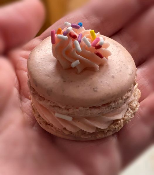 A tray of pink macaron shells topped with rainbow sprinkles, freshly baked and ready to fill.