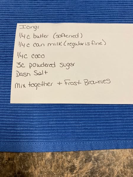 Handwritten Lunchroom Ladies Brownies recipe card with ingredients and instructions