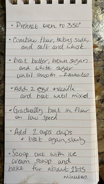 Handwritten recipe for the best chocolate chip and cream cheese cookies, including detailed instructions