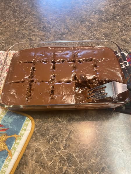 A pan of fudgy Lunchroom Ladies Brownies with rich chocolate frosting, freshly cut into squares.