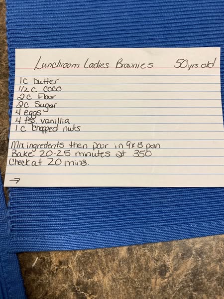 Handwritten Lunchroom Ladies Brownies recipe card with ingredients and instructions