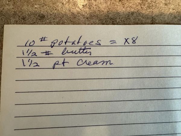 The handwritten list of ingredients for the 10-pound batch