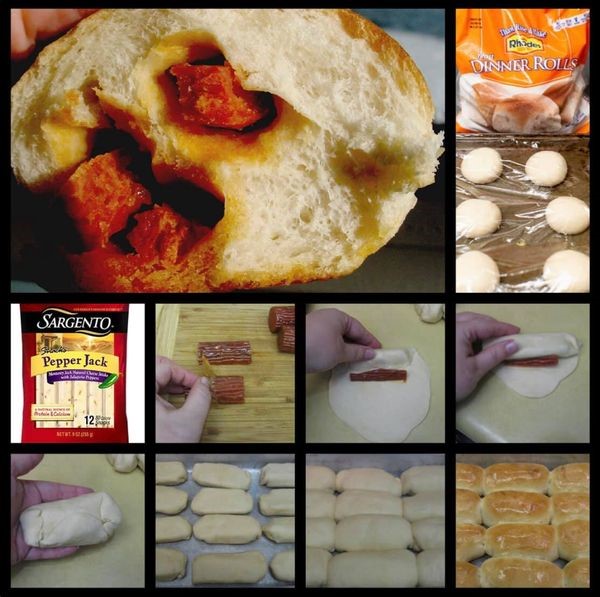 Step-by-step guide showing how to assemble pepperoni rolls with dough, pepperoni strips, and cheese