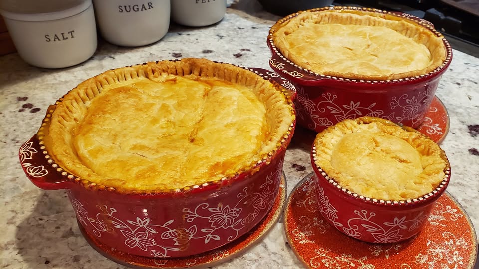 Three chicken pot pies in red casserole dishes, topped with golden-brown crusts, perfect for a comforting family dinner