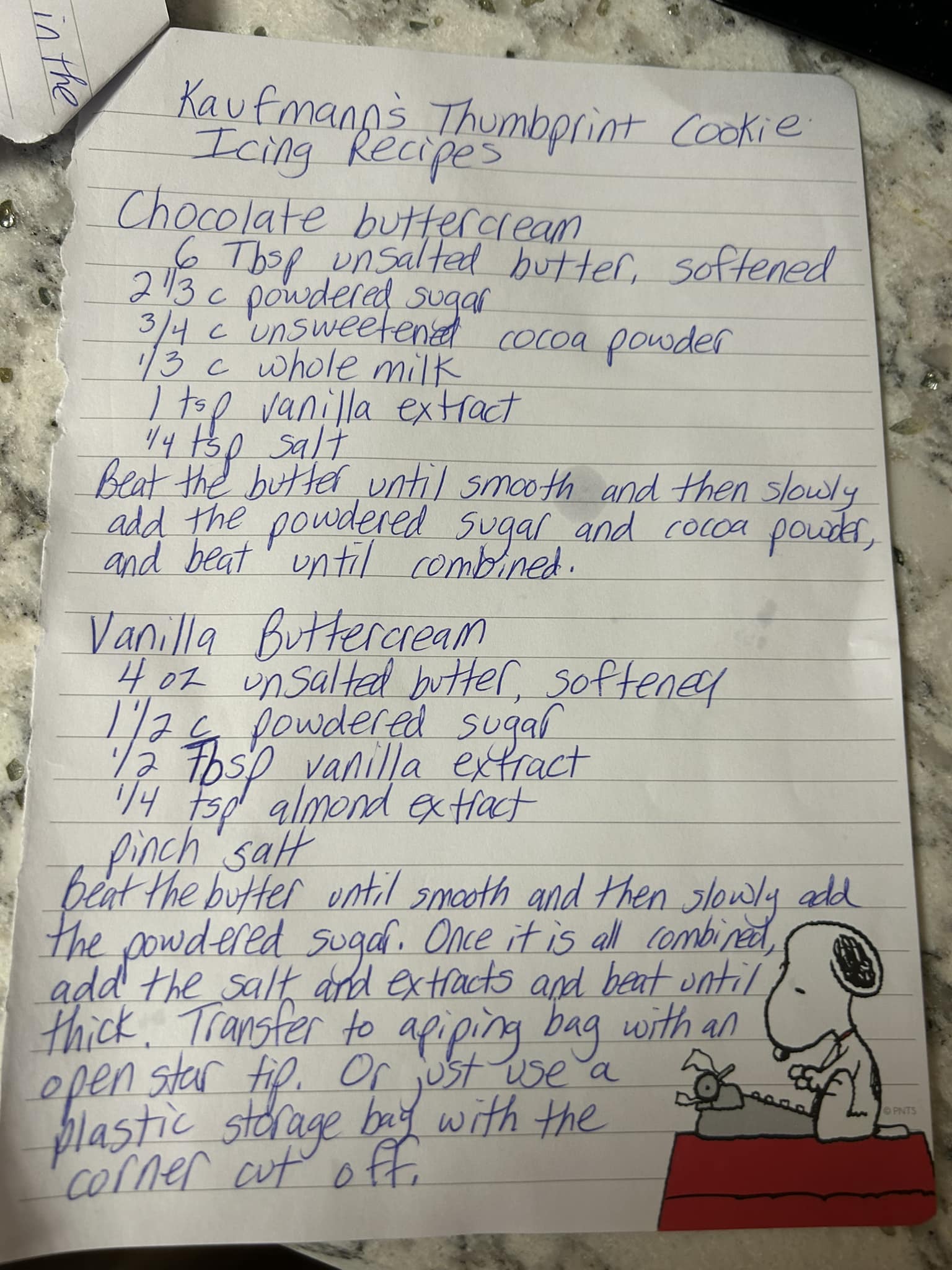 Handwritten recipe for chocolate and vanilla buttercream icing for thumbprint cookies