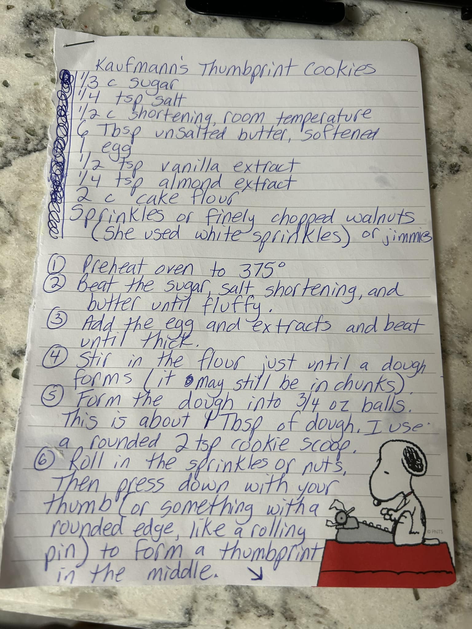 Handwritten recipe for Kaufmann’s Thumbprint Cookies, listing ingredients and steps