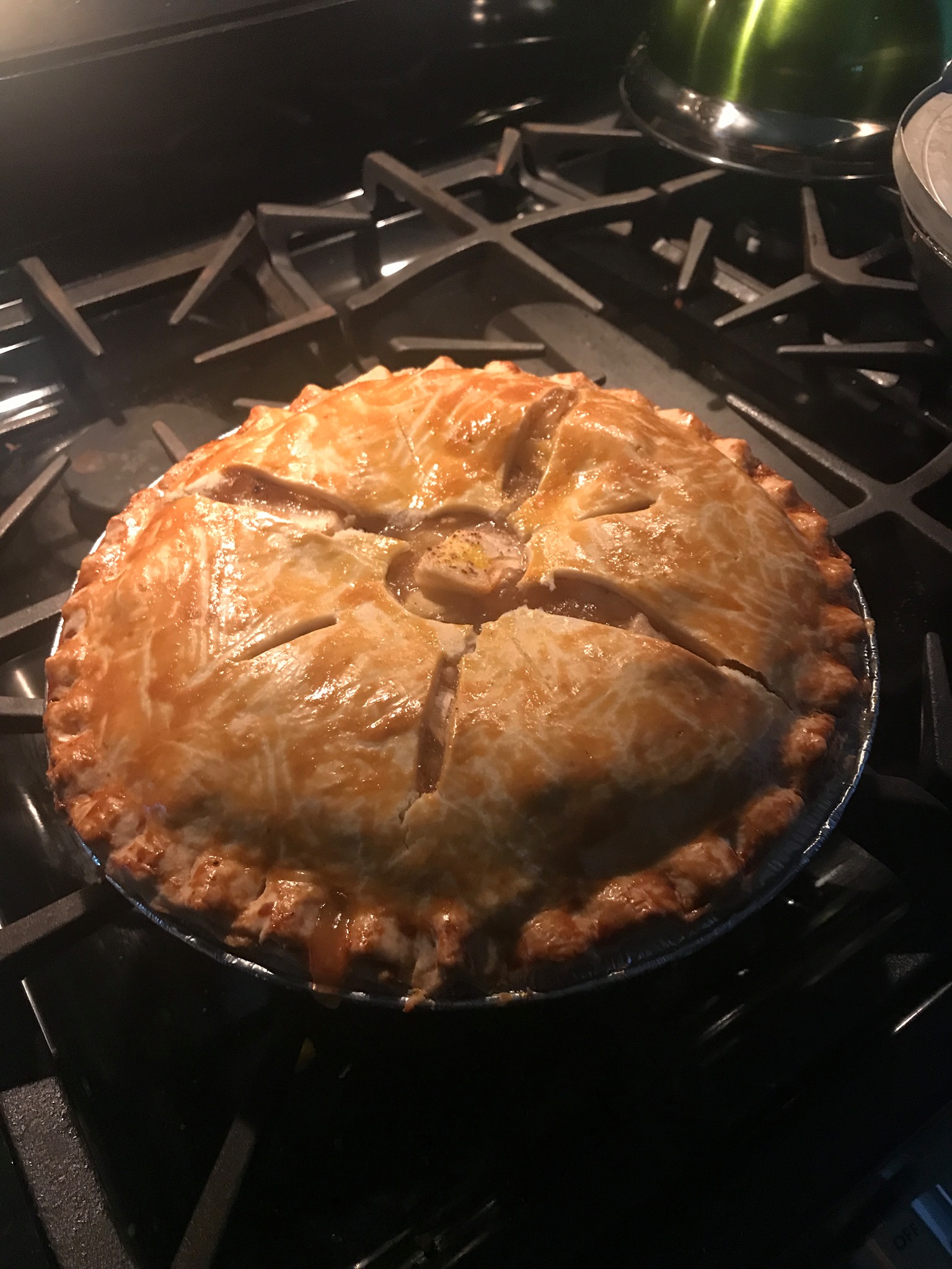 Golden double-crust apple pie with cinnamon-spiced apples on a vintage ceramic plate, garnished with fresh thyme
