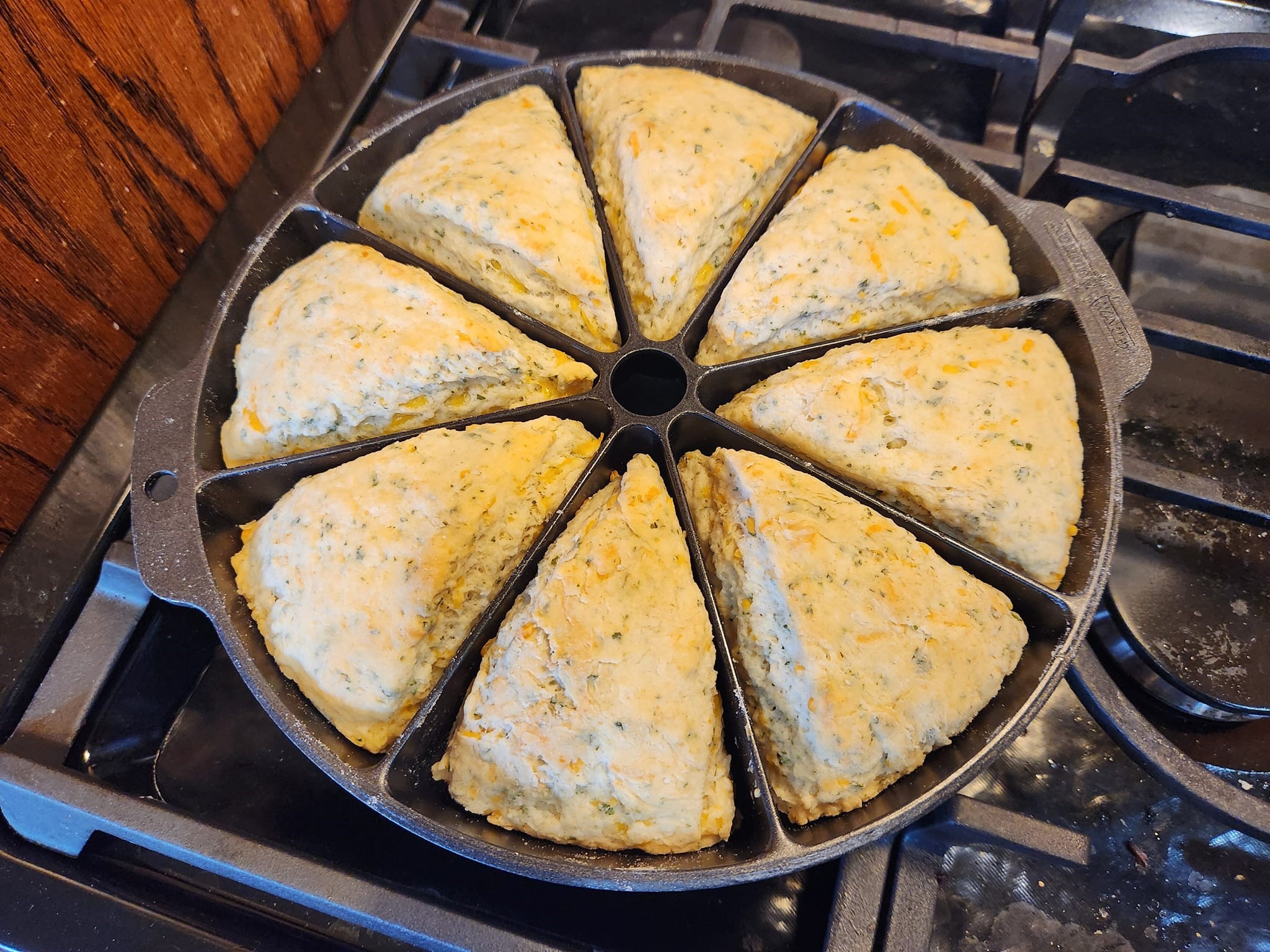 Freshly baked cheddar buttermilk scones infused with garlic and parsley.