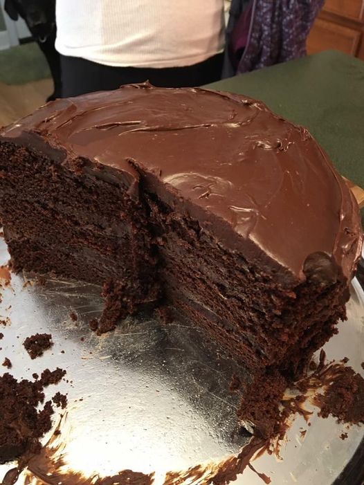 A perfectly sliced dark chocolate ganache cake, revealing moist layers and rich frosting.