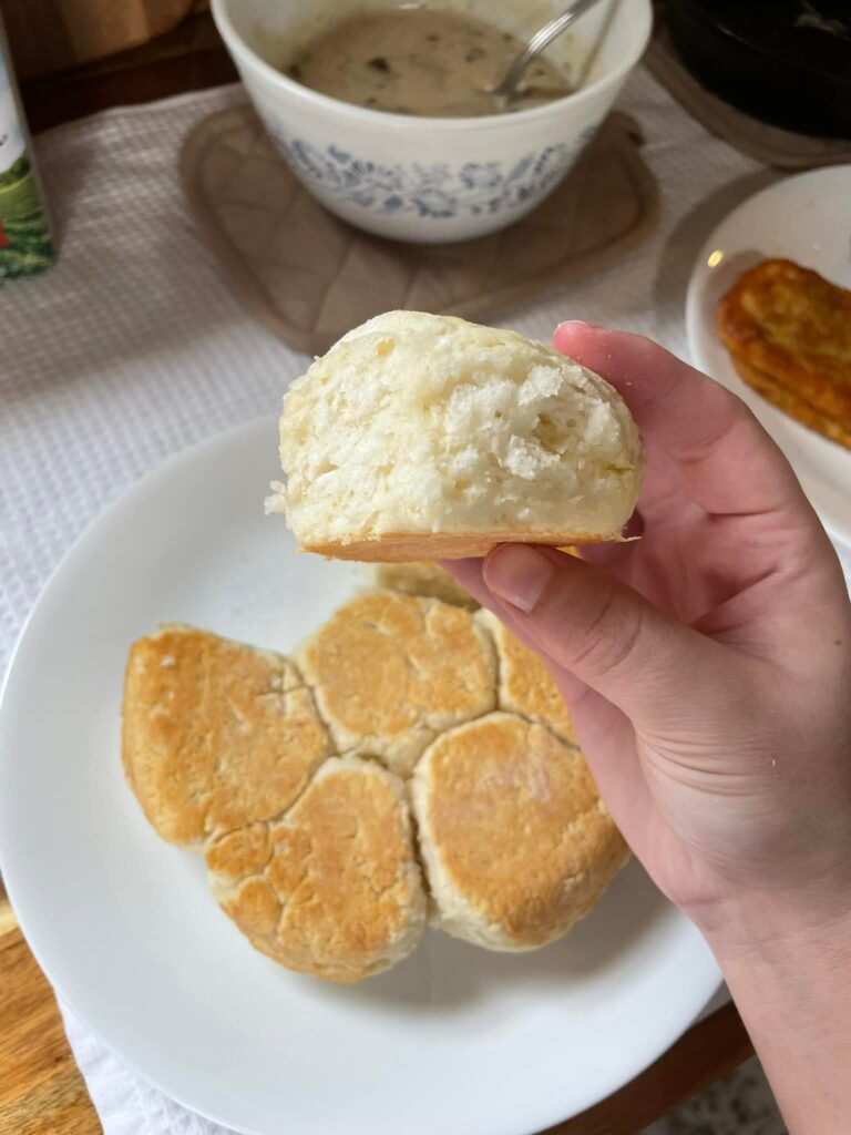 Freshly baked homemade biscuit with a soft, fluffy texture, held in hand, with a plate of biscuits and gravy in the background