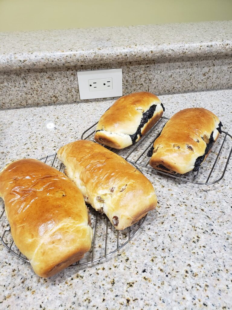 Golden brown homemade Polish Babka loaves with a cheese filling and raisins.