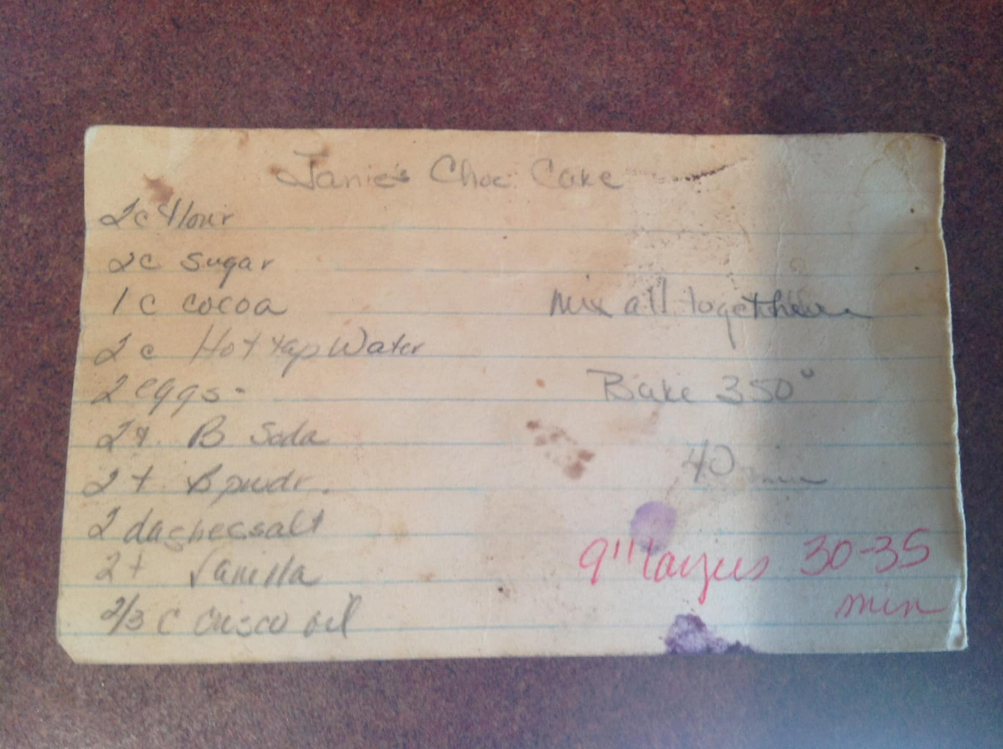 A vintage handwritten recipe card for Janie’s Classic Chocolate Cake, slightly stained from years of baking.