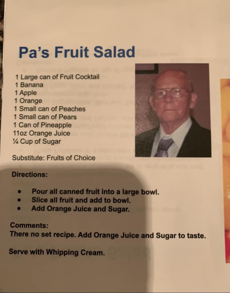 Pa’s Fruit Salad recipe card with a vintage family photo