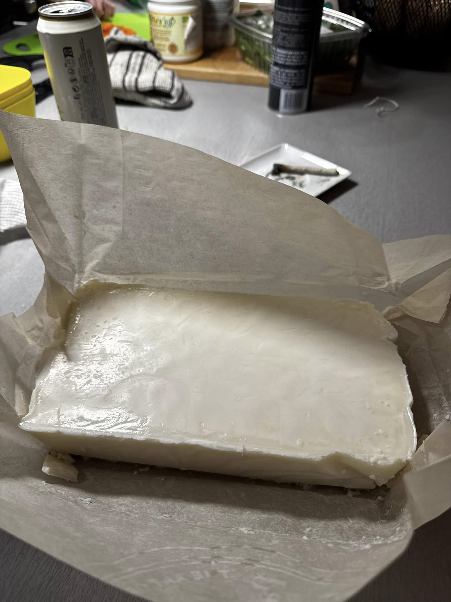 Homemade rendered tallow, cooled into solid blocks for storage