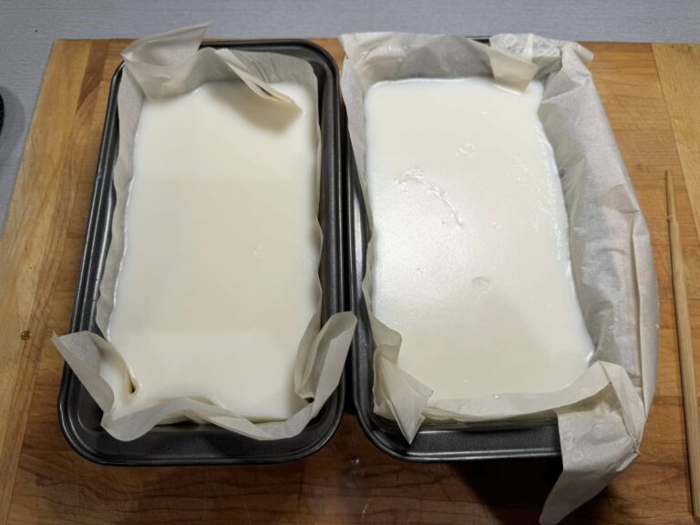 Freshly rendered tallow in loaf pans, cooling and solidifying.