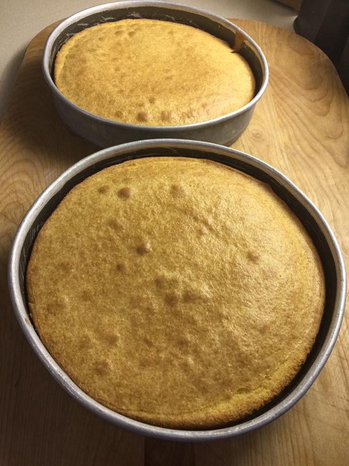 Freshly baked golden cake layers cooling in round cake pans.