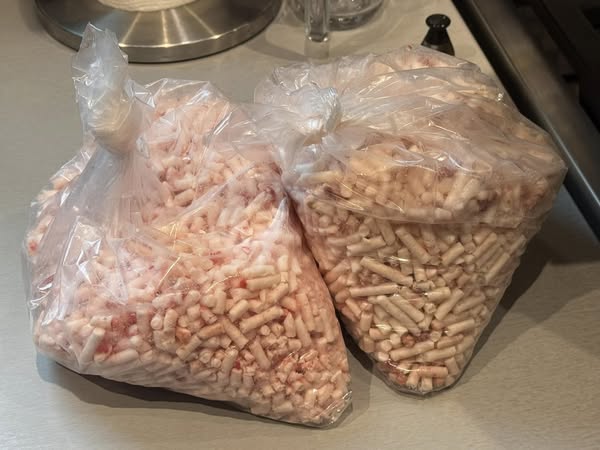 Bags of ground beef suet ready for rendering into tallow