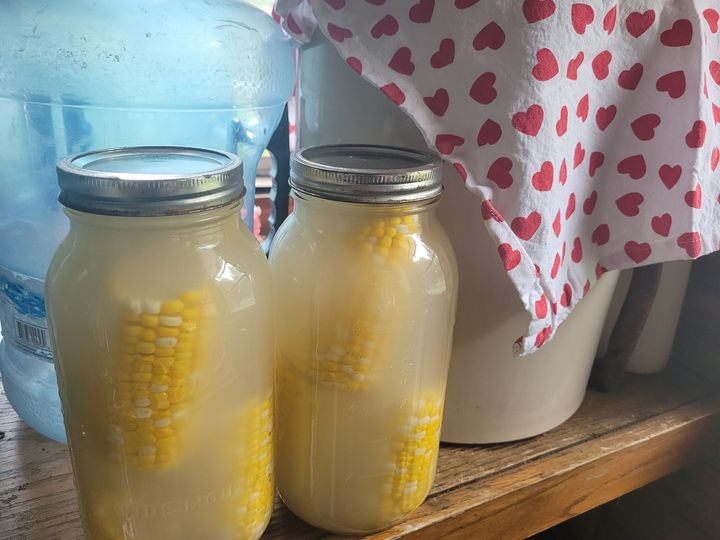 Two jars of old-fashioned fermented corn, preserved in brine, sitting on a wooden counter.