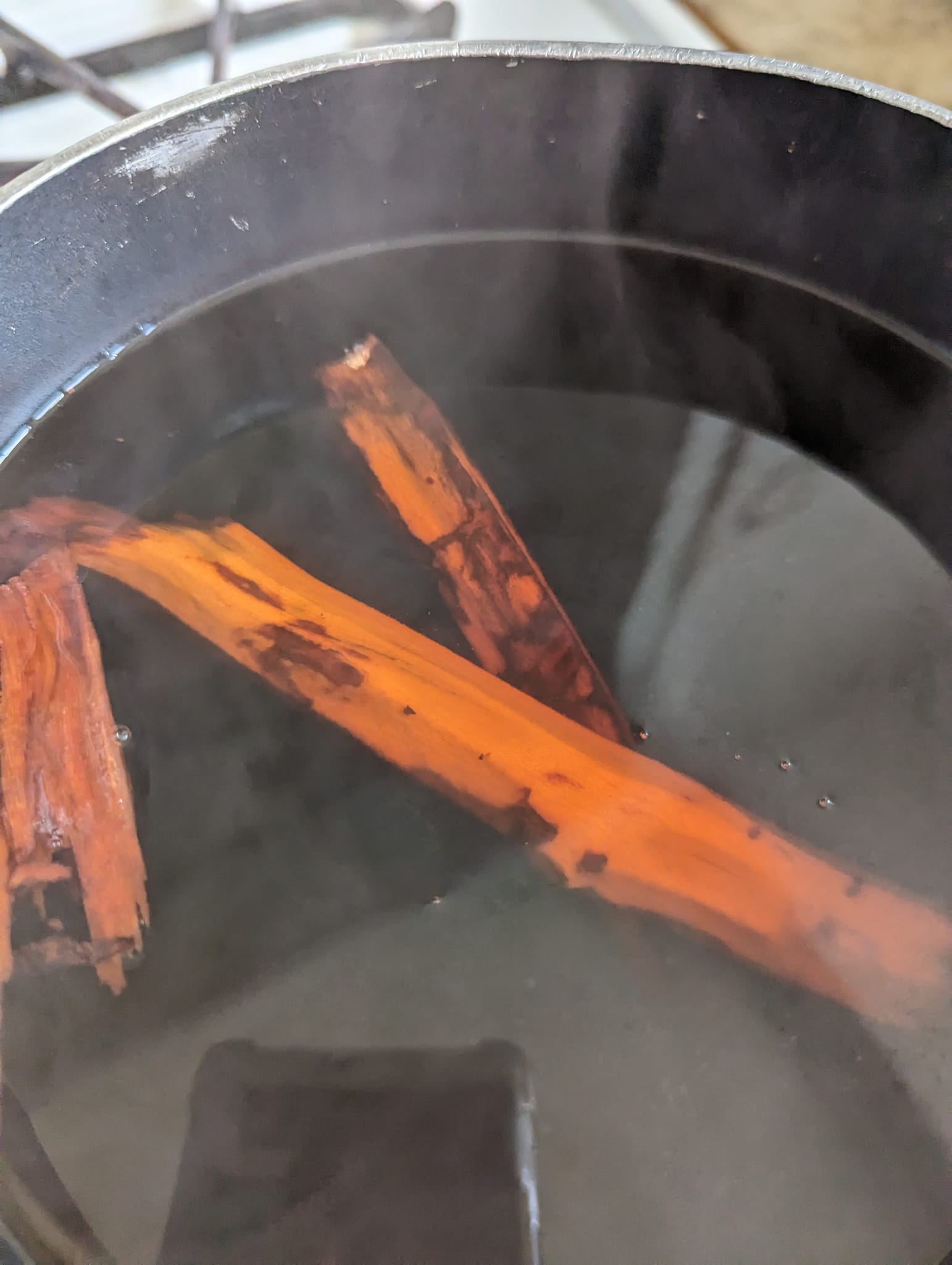 Sassafras bark simmering in a pot of water to brew traditional Appalachian sassafras tea