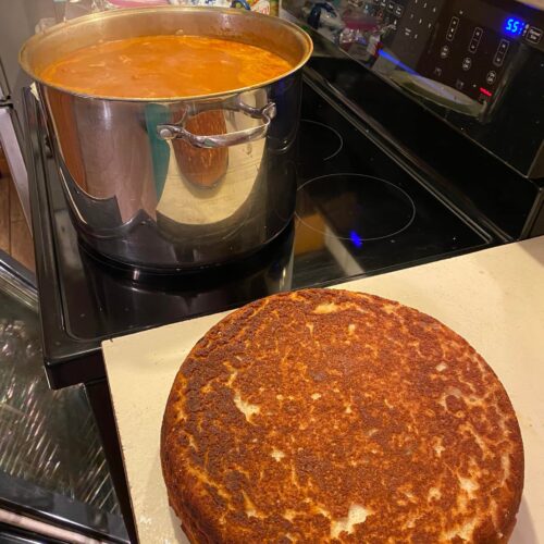 Golden, crispy bottom of homemade Southern Mexican cornbread, fresh from the oven