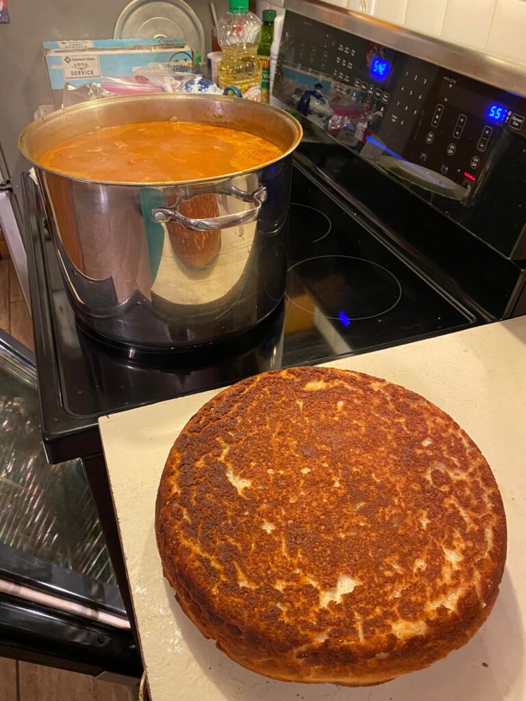 Golden, crispy bottom of homemade Southern Mexican cornbread, fresh from the oven
