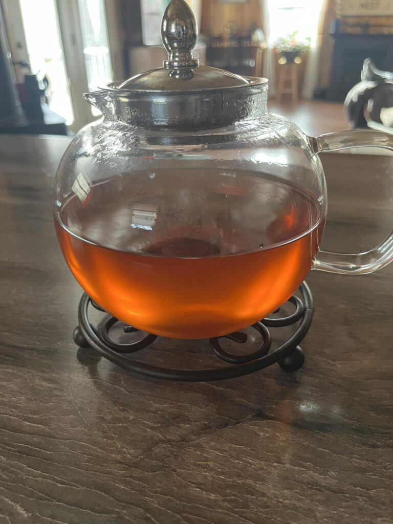 Sassafras tea served in a rustic ceramic mug on a wooden table, evoking Appalachian tradition and natural remedies