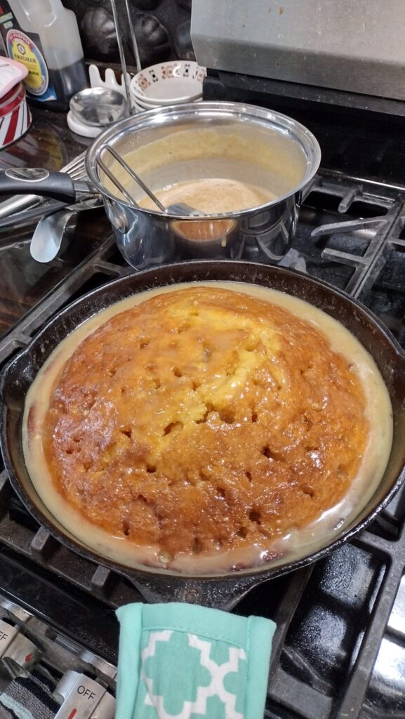 : Saucepot of peanut butter glaze simmering on stovetop