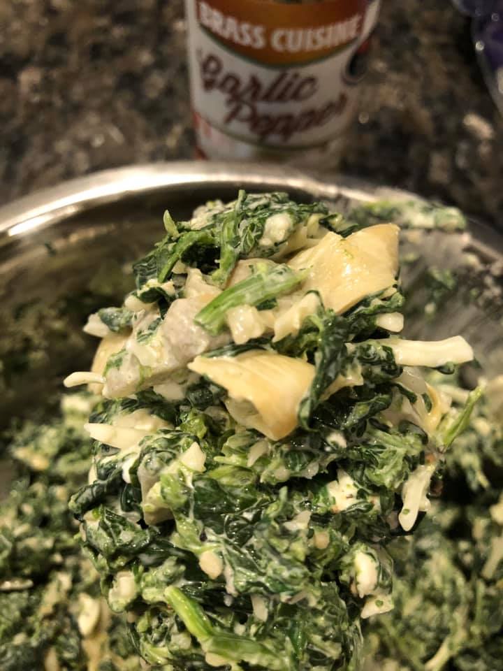 Creamy spinach artichoke quesadilla filling close-up