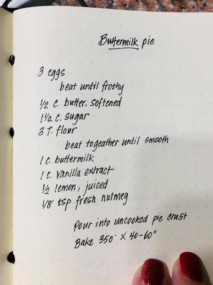 Handwritten vintage buttermilk pie recipe on a dotted journal page.