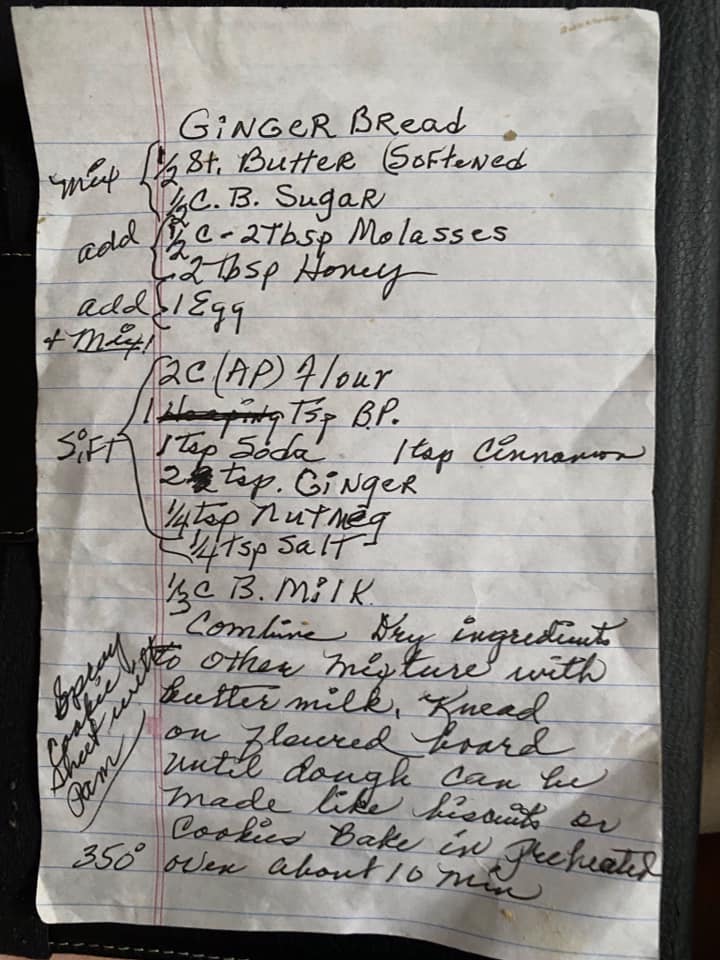 handwritten notebook page with old fashioned gingerbread cookies recipe from 101-year-old mom