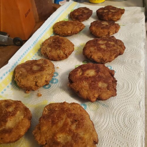 freshly fried southern salmon patties on paper towel