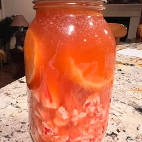 Homemade cough syrup recipe with bourbon, lemon, honey, and peppermint in a mason jar