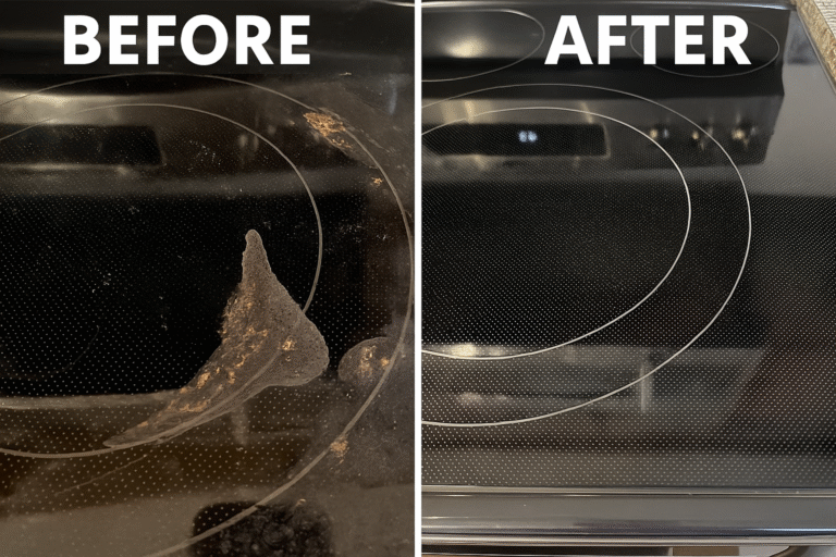 Side-by-side before and after of a glass stove top, showing heavy burnt-on stains and residue on the left, and a sparkling clean, streak-free surface on the right