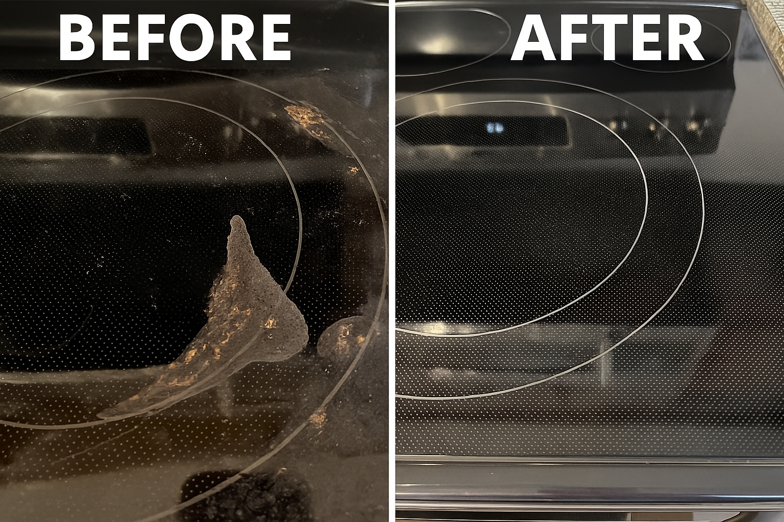 Side-by-side before and after of a glass stove top, showing heavy burnt-on stains and residue on the left, and a sparkling clean, streak-free surface on the right