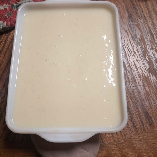 Glossy old fashioned tapioca pudding cooling