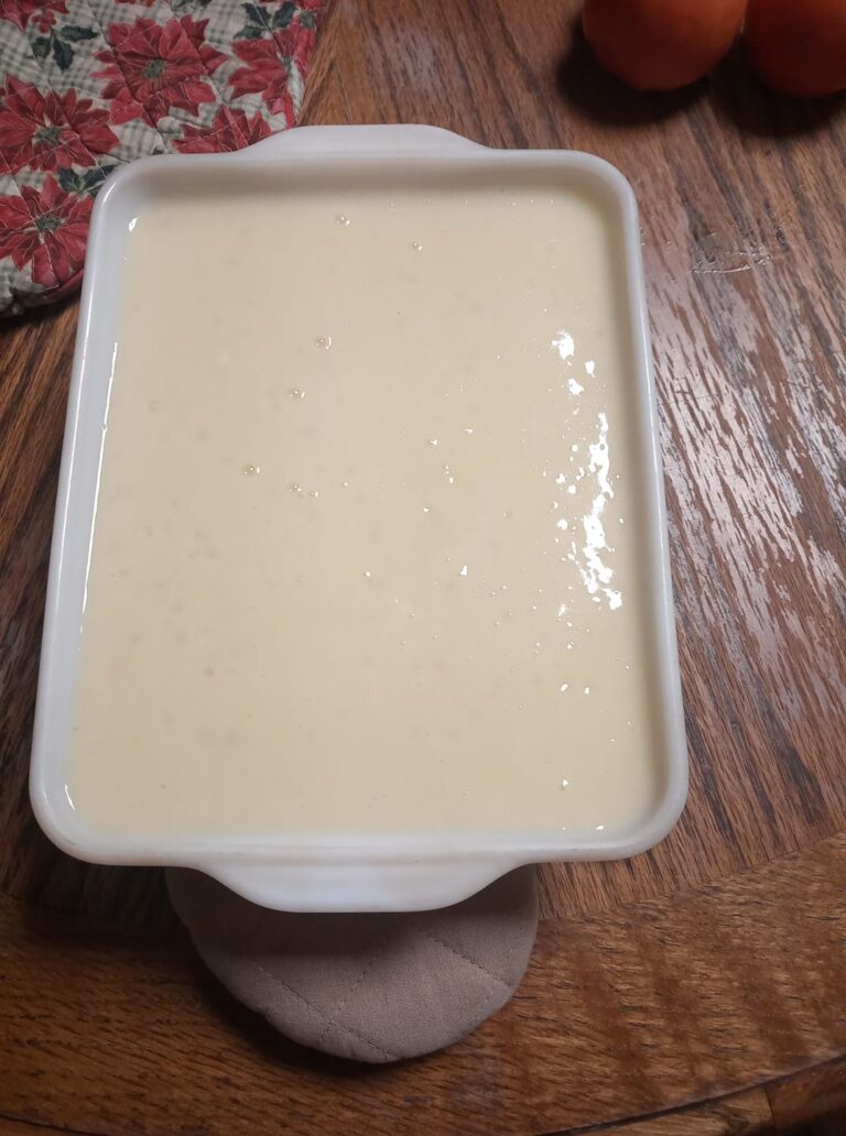 Glossy old fashioned tapioca pudding cooling