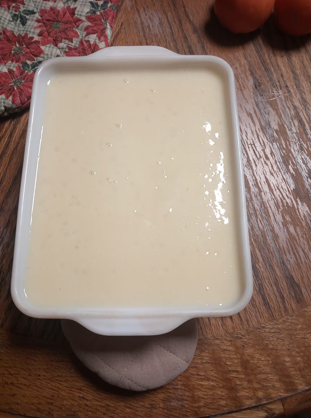 Glossy old fashioned tapioca pudding cooling