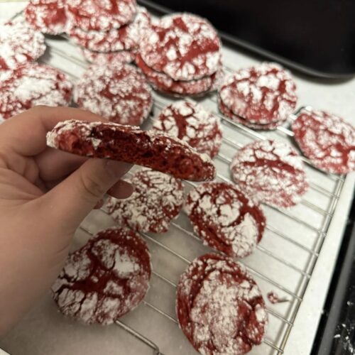Chewy red velvet cookie with fudgy center